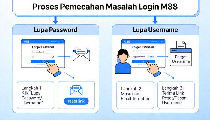 Animasi demonstrasi proses pemecahan masalah login M88 seperti lupa password dan username