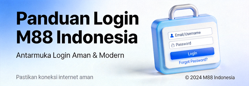 Banner panduan login M88 Indonesia dengan ilustrasi antarmuka login yang aman dan modern