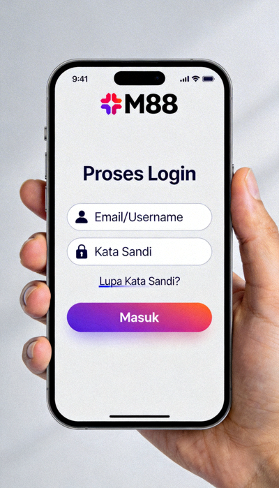 Demo proses login M88 di perangkat mobile smartphone dengan tampilan responsif